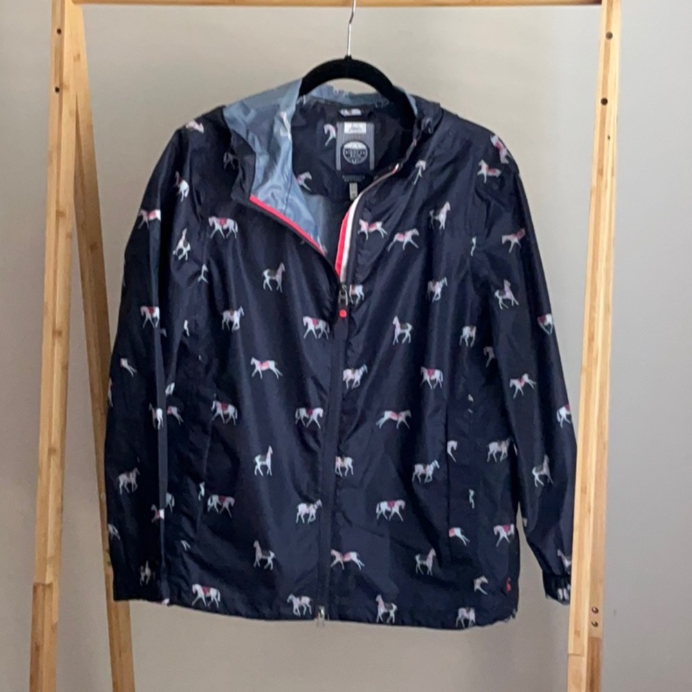 Navy Blue Rain Jacket – Horse Print – Waterproof & Breathable – Size 12